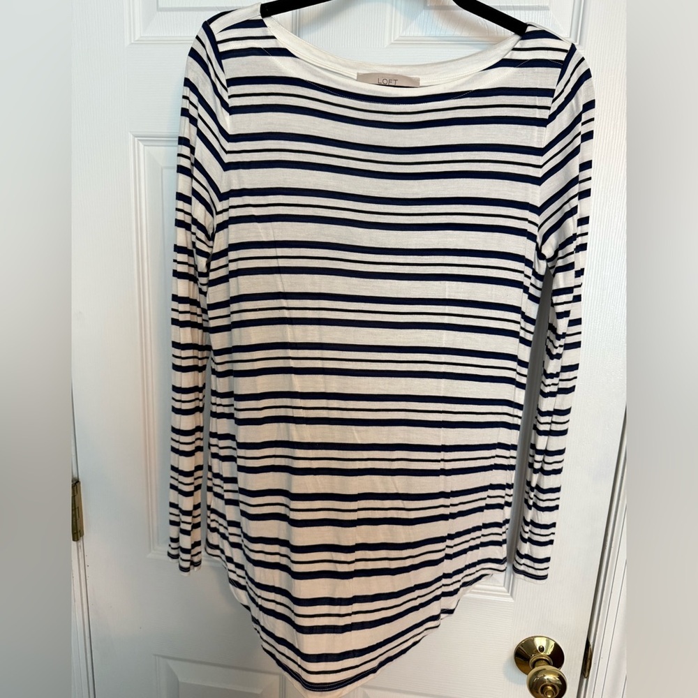 LOFT Navy, Black and White Striped Long Sleeve Tee